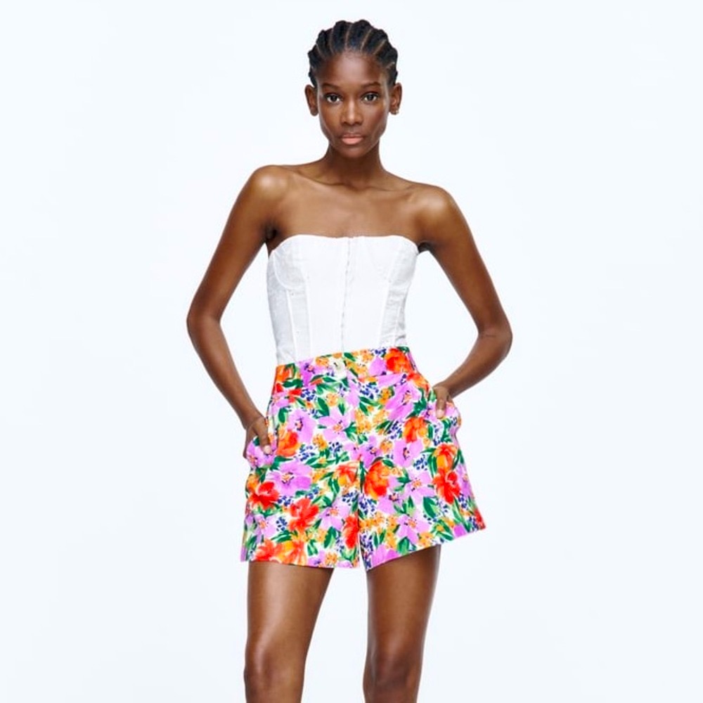 Zara Linen Blend Floral Print Shorts
